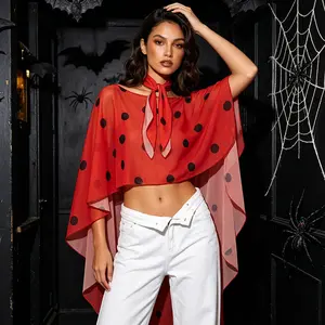 Red Dotted Sheer Cape with Headwear Lightweight Halloween Shawl for Costume Parties