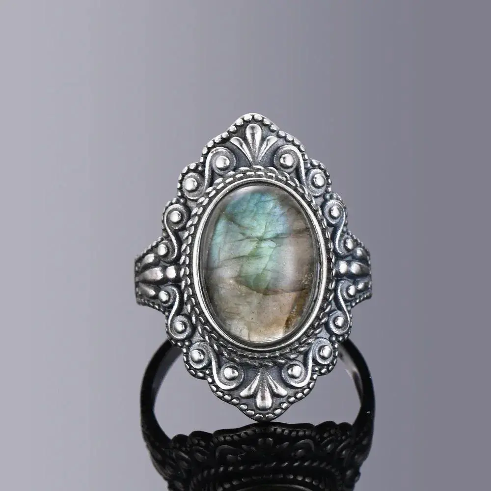 Retro Oval Natural Labradorite Rings for Women Men Silver Ring Finger Ring Retro Gemstone Rings Jewelry Party Gift