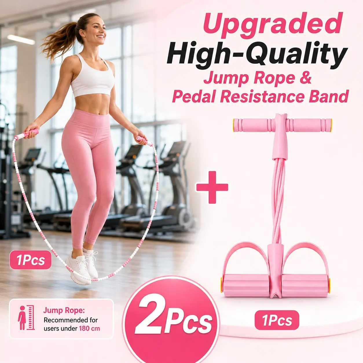 2Pcs Beaded Jump Rope and Six-Tube Pedal Resistance Band, Fitness Equipment, Tangle-Free Skipping Rope with Ergonomic Handles, Elastic Foot Pedal Puller for Core, Arms, Waist and Legs, Home Yoga Pilates, Summer and Winter Essentials, Christmas Gifts