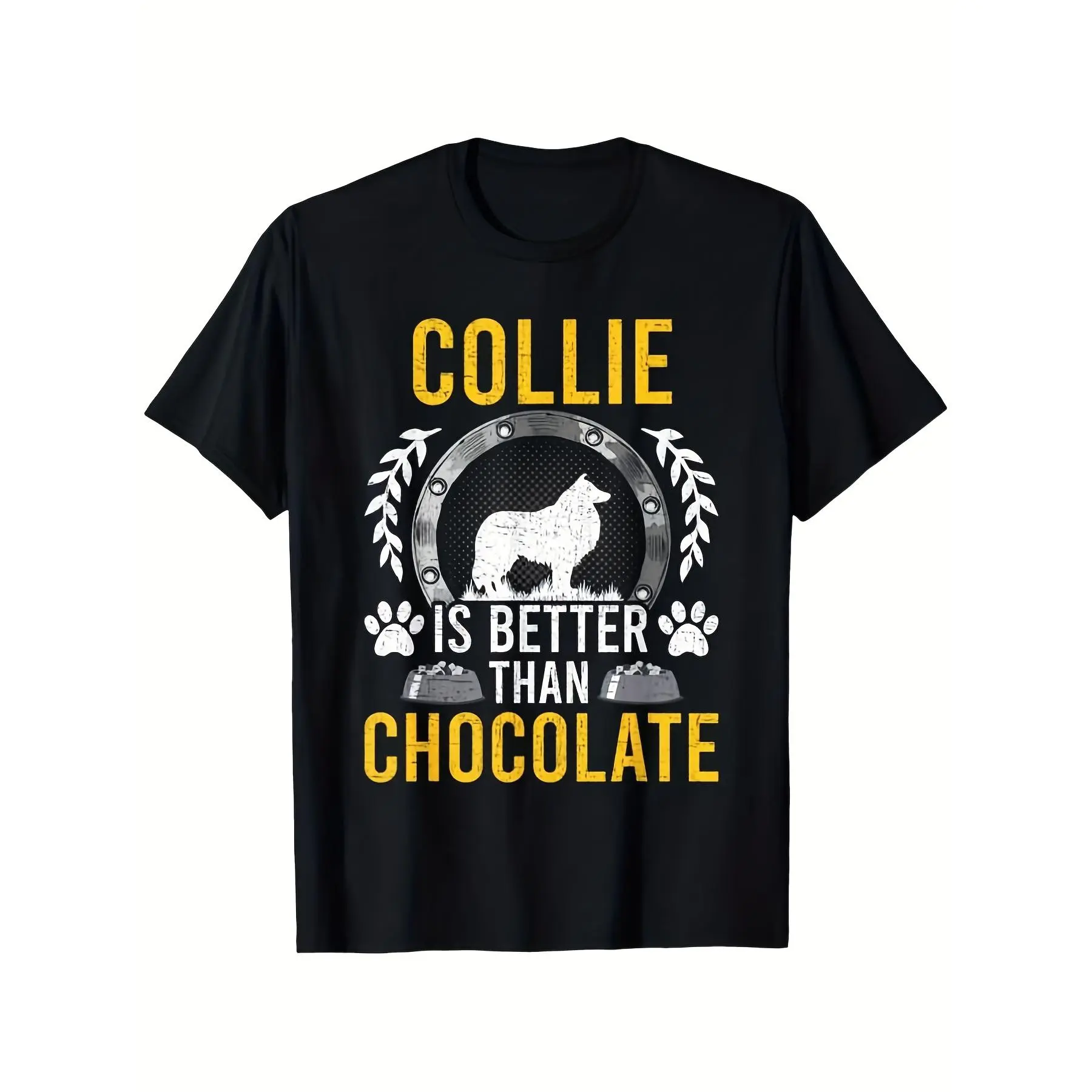 Collie Is Better Than Chocolate Dog Lover T-Shirt - 100% Retro Collie Graphic Tee with Paw Prints & Collie Face, Unisex Adult S-XXXL, Black Short Sleeve Shirt for Men & Women, Birthday Christmas Halloween Gift for Collie Owners, Pet Owner Apparel, Collie