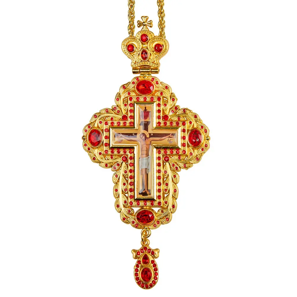 Orthodox Priest Pectoral Cross Necklace, Gold Plated Clergy Crucifix Pendant with Rhinestone, Vestment Accessories for Church Father