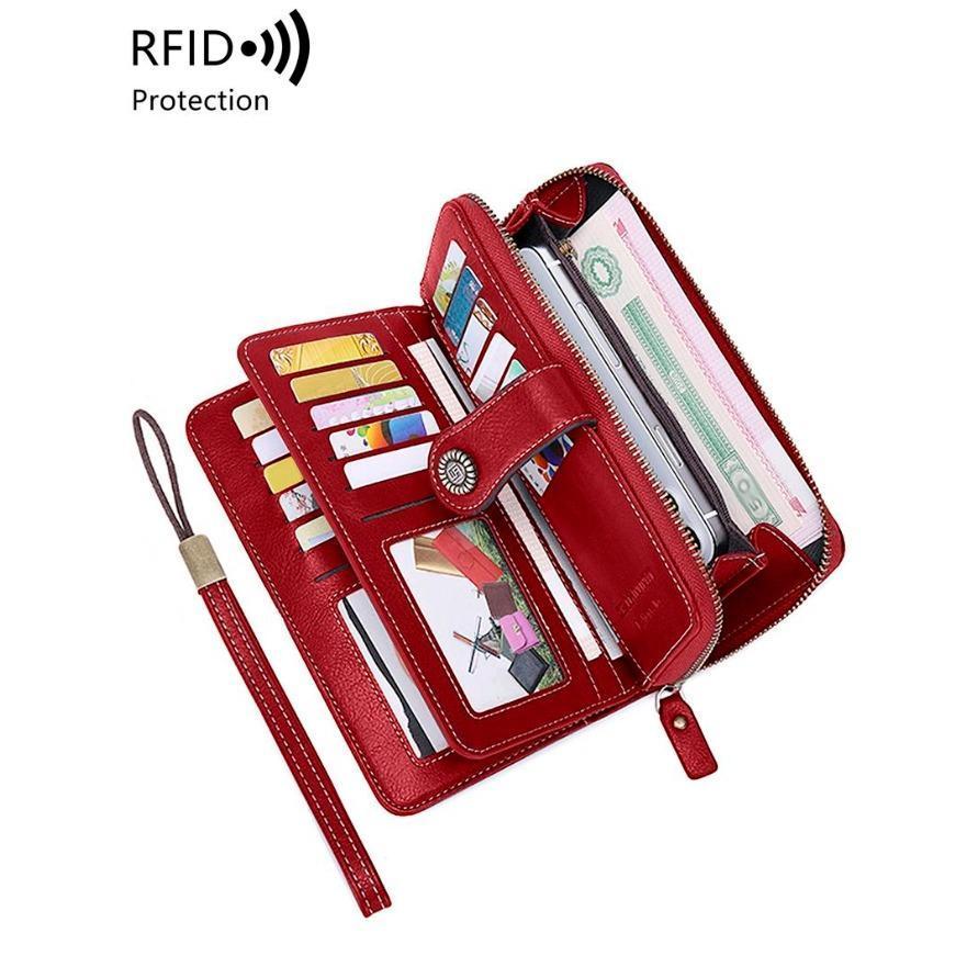 Women's Elegant Solid Color Long Wallet with Wrist Strap, RFID Blocking Zipper Closure, Large Capacity Multi-Functional Daily Purse