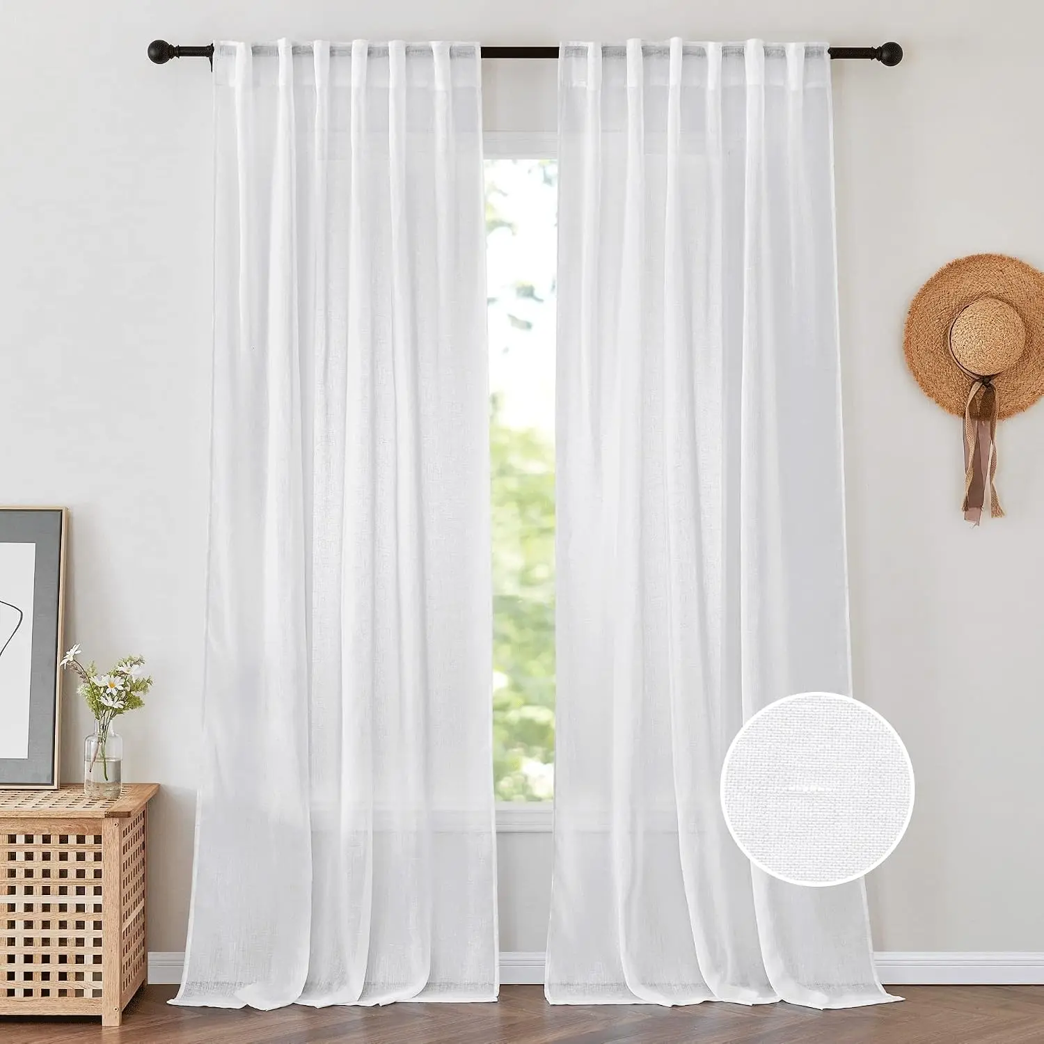 White Sheer Curtains 96 Inches Long, 2 Panels, Floor to Ceiling Drapes, Natural Linen Blended Sheer Window Treatments for Living Room and Bedroom, 52 Wide x 96 LongGift