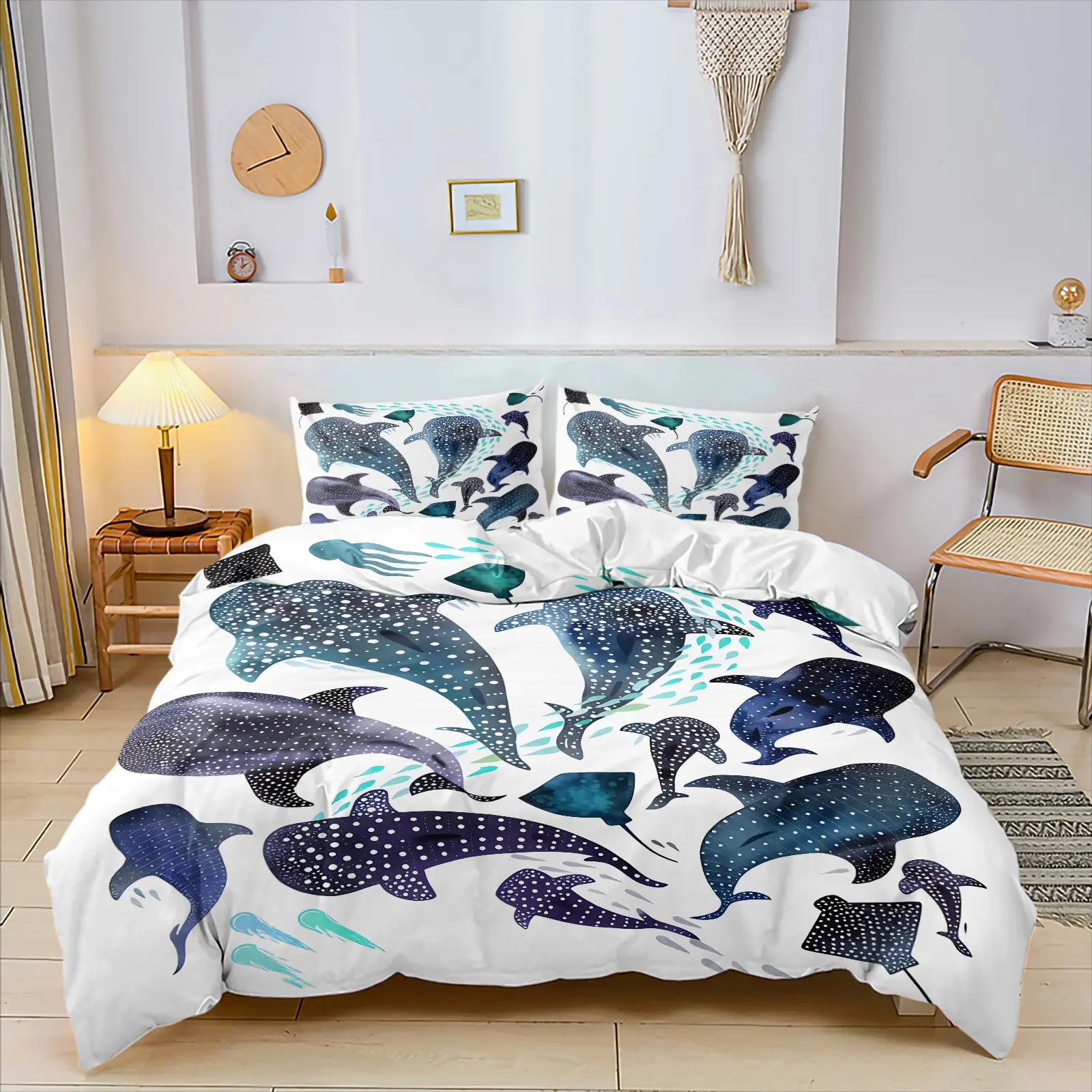 Marine Life Themed Duvet Cover Set & 1-2 Coreless Pillowcases, Skin-Friendly, Breathable, Soft & Cozy Bedding Set, Printed With Gradient School Of Spotted Whale Sharks, Stingrays And Jellyfish, Healing Seaside Style Bedroom Decor
