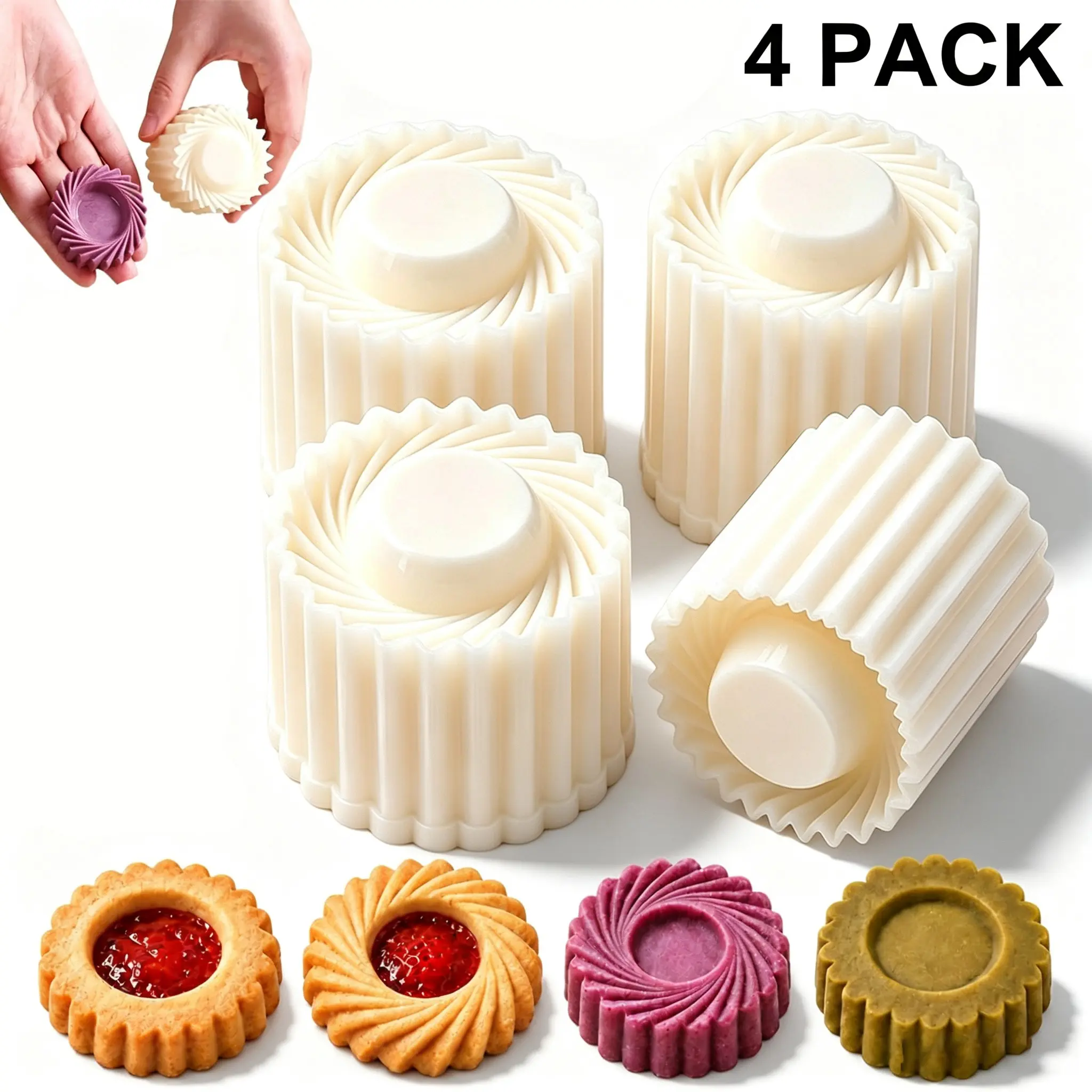 4 Pack 3D Spiral Cookie Stamp Molds, Food Grade Plastic Non-Stick Tart Biscuit Press, Reusable Moon Cake Pastry Mold with Easy Release Design, Hand Press Baking Tool for Filled Cookies, Shortbread, Dessert, DIY Baking & Holiday Kitchen Gift, Cookie Shaper