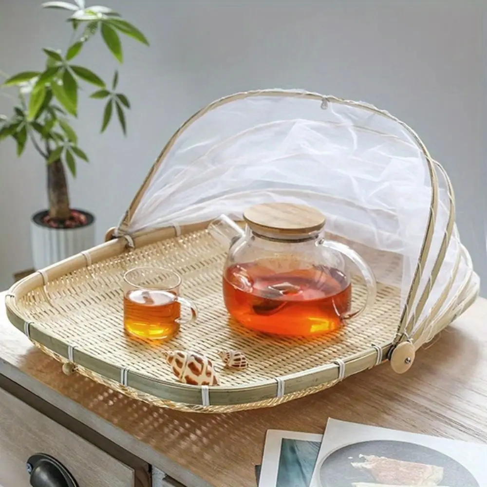 Rustic Hand-Woven Bamboo Serving Basket with Mesh Gauze Cover - Round Bread Tent for Dustproof Storage, Eco Friendly Kitchenware, Perfect for Indoor & Outdoor Picnics, Parties, And Home Use, Picnic Basket
