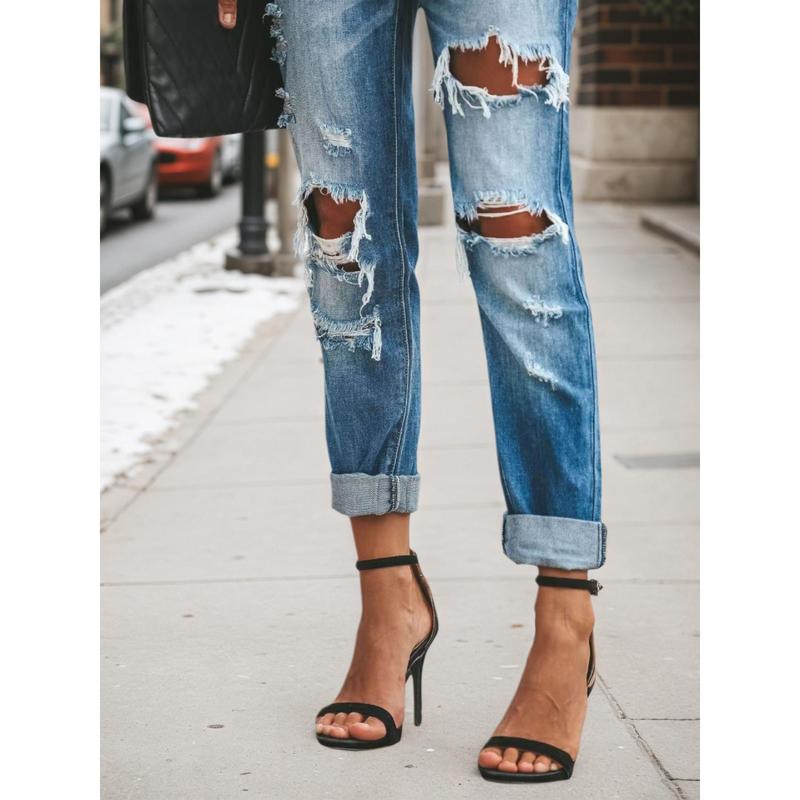 Amzglee Women's Denim Pants Ripped Jeans Low Rise Above the Ankle All Seasons Fashion Amzglee Women's Denim Pants Ripped Jeans Low Rise Above the Ankle All Seasons Fashion