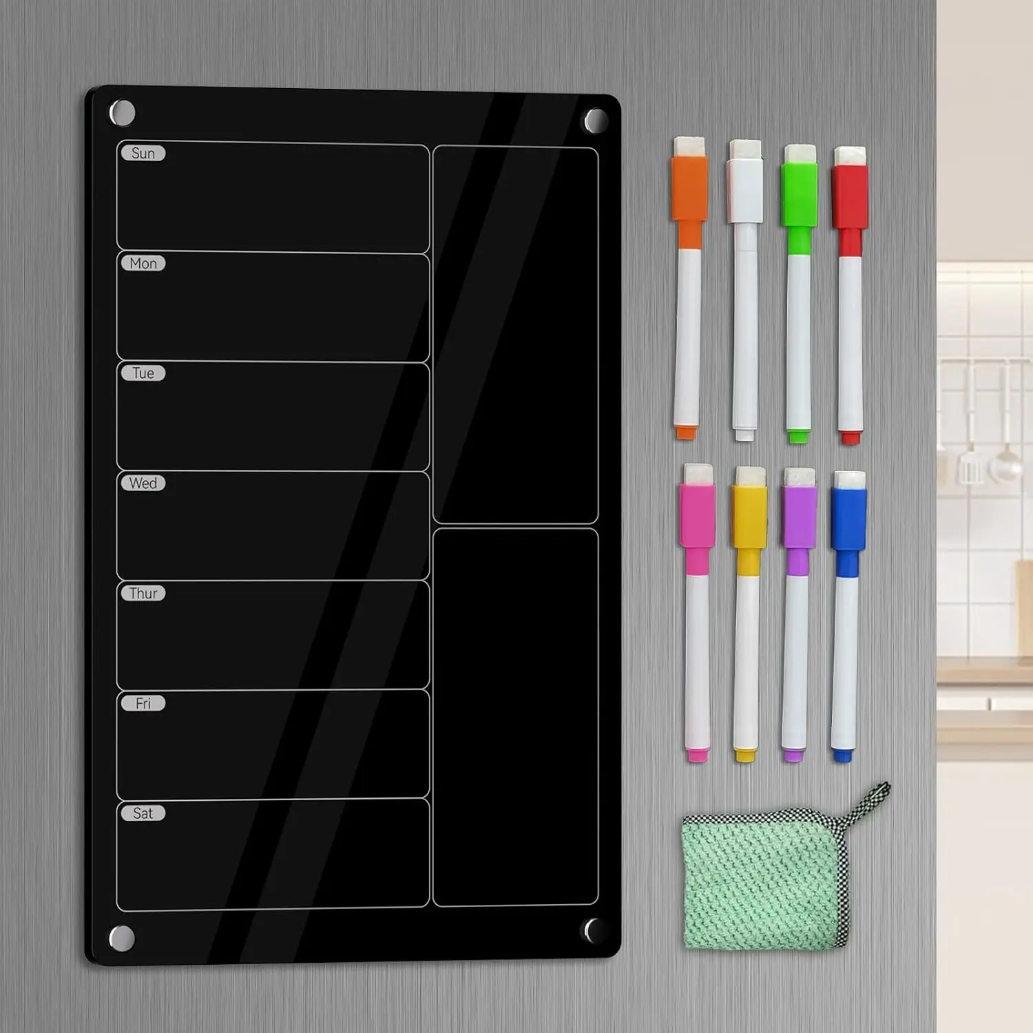 Meal Planner  Menu Board for Kitchen Fridge, Black Weekly Calendar Planner Board Refrigerator Dry Erase Board to Do Chore Chart,Grocery/Shopping List,12"x8"