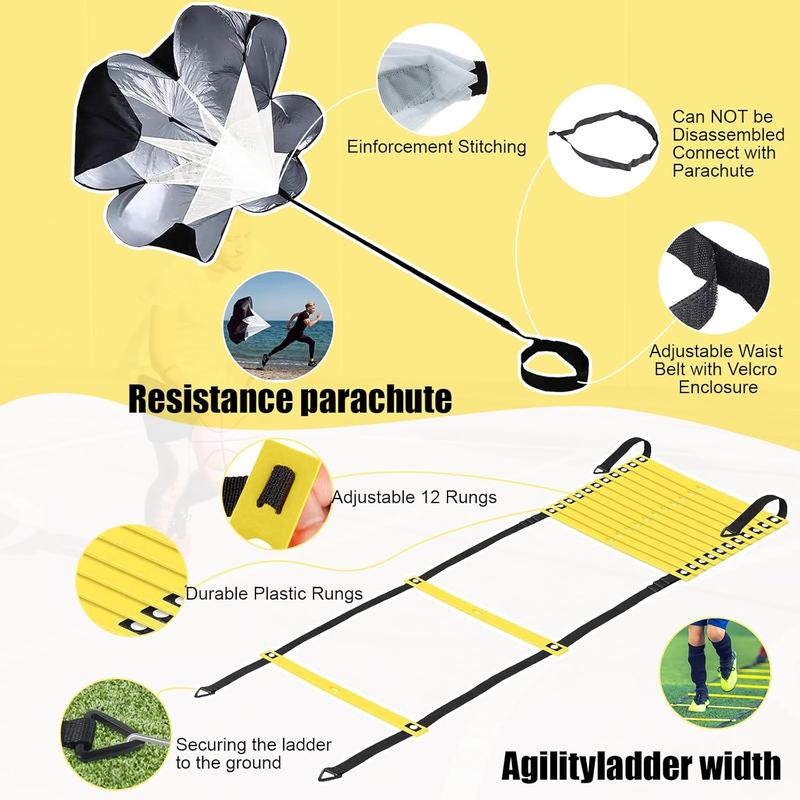 Agility Ladder Set for Training, 20ft Rungs, with Soccer Cones, Jump Rope, Running Resistance Umbrella - Fitness Equipment for Kids, Youth, Adults & Athletes