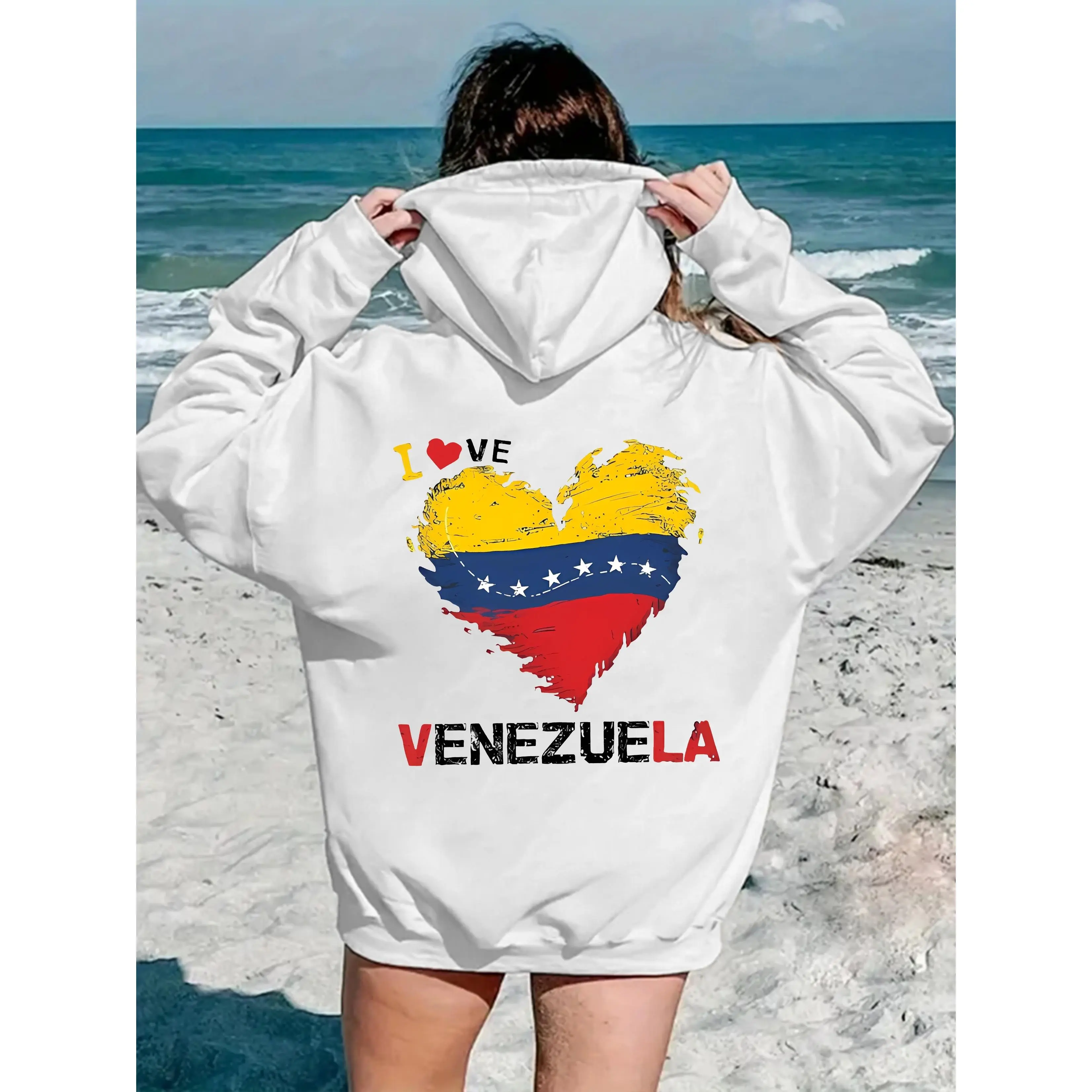 Women's Casual Cotton Hoodie with Love Heart Venezuela Graphic, Cotton Knit Fabric, Long Sleeve Pullover with Kangaroo Pocket, Hooded Sweatshirt for Fall/Winter