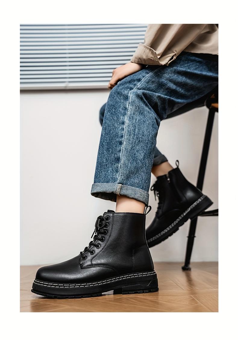 Four Seasons Fashion Trendy Men'S Black Boots Mid-Top Lace-Up Men'S Boots