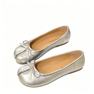 Metallic Silver Split-Toe Ballet Flats | Bow Accent, Soft Upper & Slip-On Design Daily Casual Footwear
