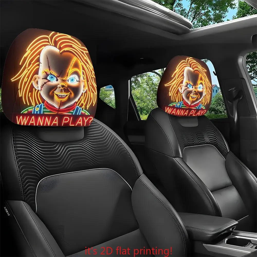 2-Pack, Horror Doll Printed Car Head Pillowcase | Car Accessories | Unfilled Breathable Fabric | Easy to Install and Clean | Horror Novelty Atmosphere Design | All Seasons | Halloween Decorated Car Interior