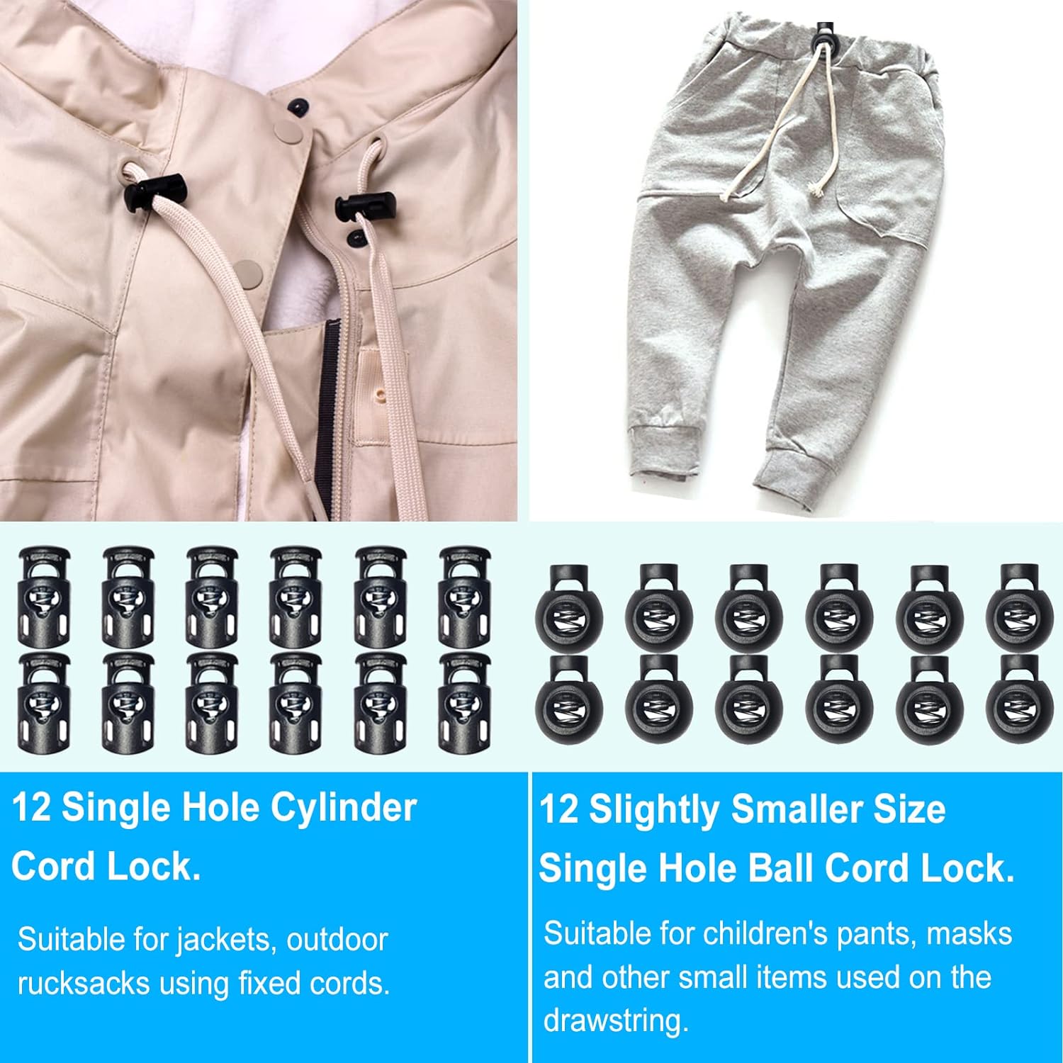 48 count Upgraded Plastic Cord Lock, Cord Locks - Draw String Clip with Spring Toggle Stoppers Buttons for Drawstrings, Shoelaces, Paracord