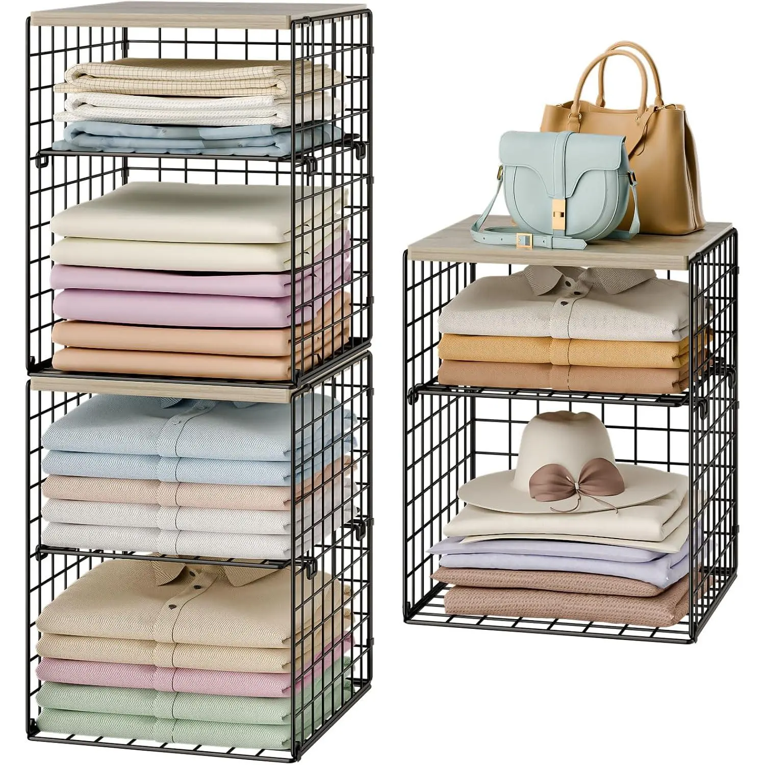 6-Tier Stackable Closet Organizers and Storage Basket, Set of 3 Closet Shelf Organizer with Adjustable Divider &  Top Board, Clothes Storage Bins for Wardrobe Organizer System, Space-Saving, Black