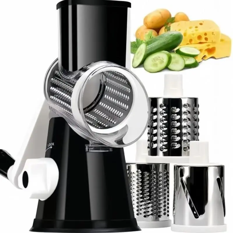 3 in 1 Rotary Cheese Grater, Cheese Cutting Grater, Manual Vegetable Slicer, Kitchen Gadgets, Valentine's Day Gift, Food Veggie Cutter, with 3 Stainless Steel for Vegetables, Cheese, Carrots, Nuts