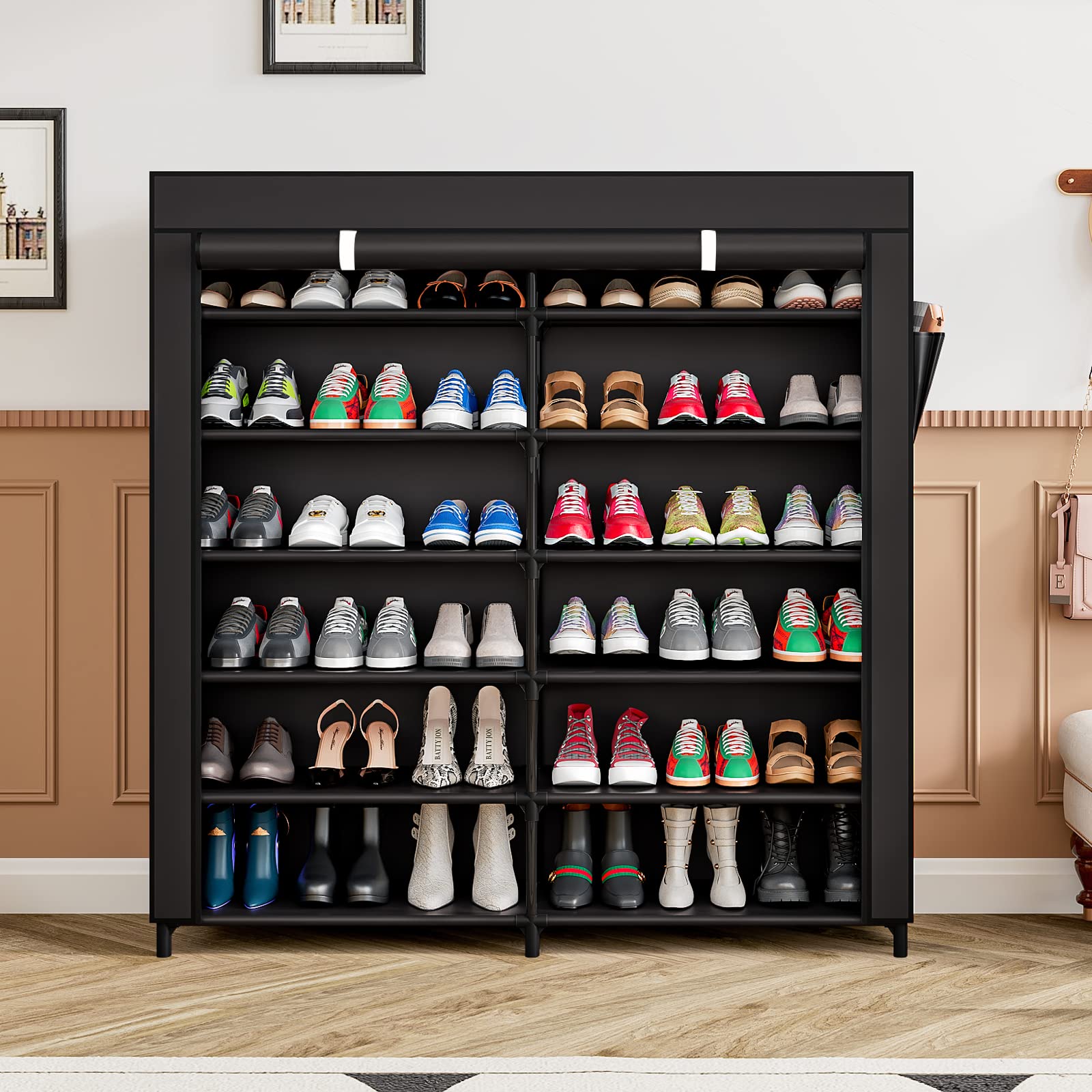 7-Tier Shoe Rack Storage Organizer 42 Pairs Portable Double Row with Dustproof Cover Non-Woven Shoe Storage Cabinet Metal Garage