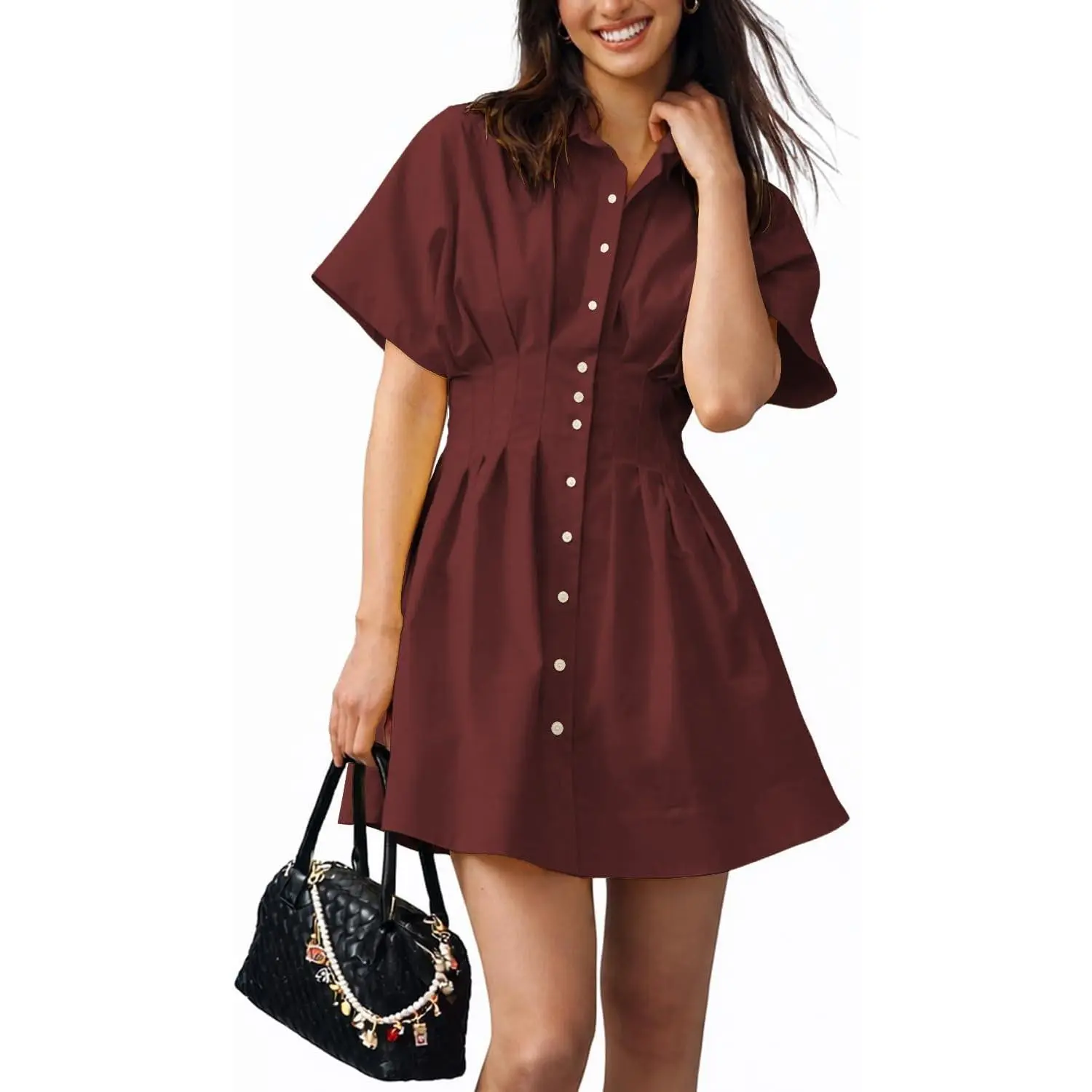 Women's Chic Collared Shirt Dress, Casual Shortsleeve Button-Down Mini Dress with Elegant Drape for Summer Outings, Vibe, Casual Wear, Everyday, Fit, Party, Soft, Fabric, Style, Classic