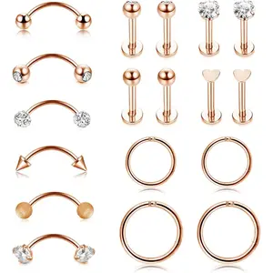 16G 18 Pcs Stainless Steel Cartilage Tragus Rings Internally Threaded Labret Lip Helix Stud Earrings Rook Daith Eyebrow Studs Barbell Body Piercing, Female, 1.25Mm
