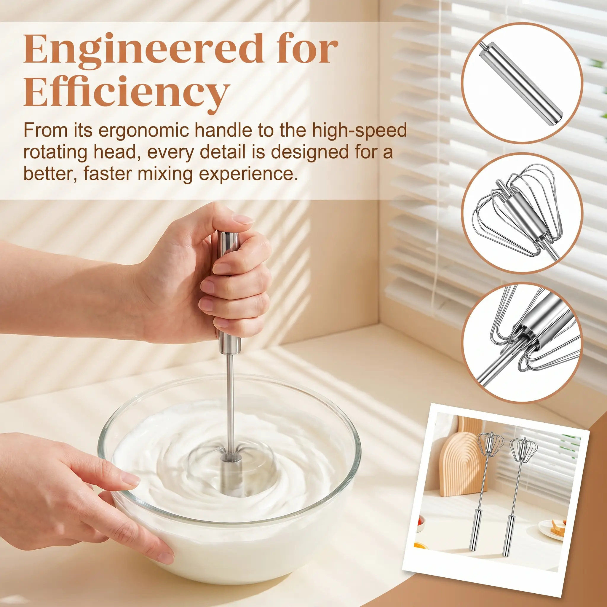 Semi-Automatic Hand Push Rotary Whisk, Food Grade Stainless Steel Egg Beater with Riveted Sturdy Structure, Rust Resistant Kitchen Mixer for Blending, Beating, Stirring & Cooking, Easy to Clean