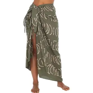 Womens Print Sarong Coverup Swimsuit Pareo with Boho Fringe & Coconut Clip - Wrap Skirt or Beach Shawl(Gift)