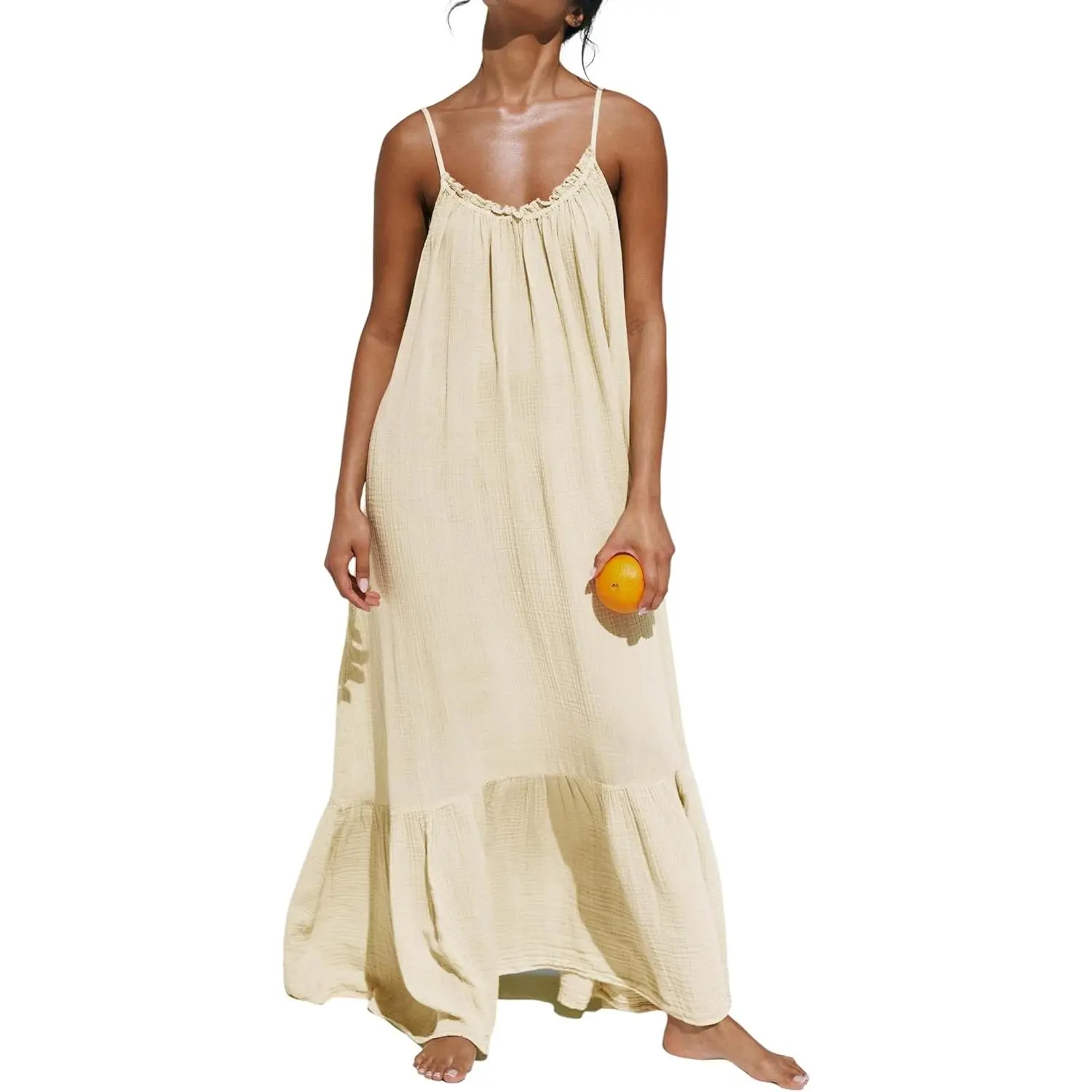 Women's Sleeveless Summer Cotton Maxi Dress - Adjustable Spaghetti Strap, Bohemian, Casual, Backless, Ruffled, Loose Fit, Flowy