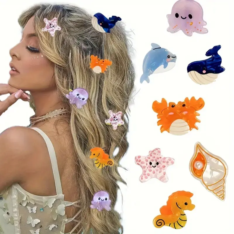 8pcs Cute Ocean Animal Hair Clips with Cartoon Marine Creature Designs, Mini Acrylic Claw Clips for Kids and Girls, Perfect for Beach Hairstyles and Daily Styling.