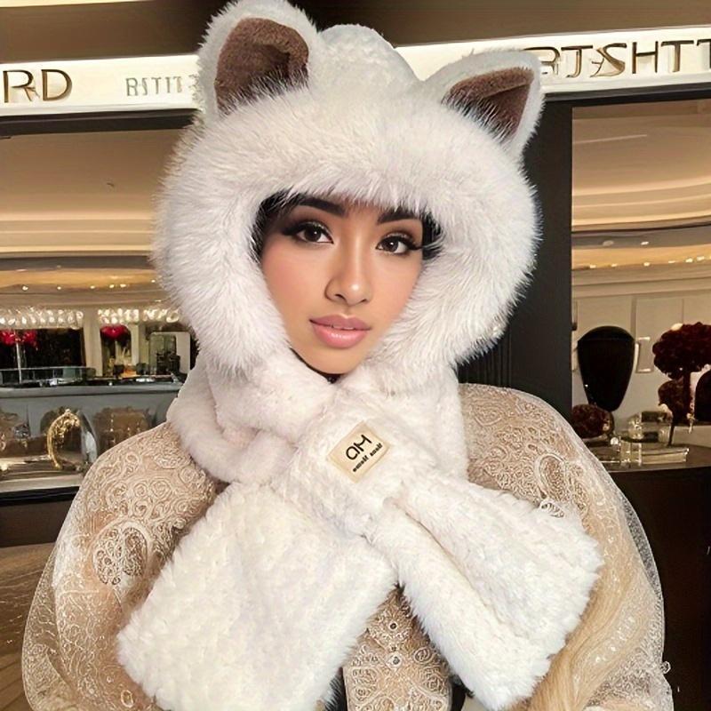 Upgraded Winter Plush Hooded Scarf Hat with Cartoon Ears Solid Color Neck Warmer for Women Soft Warm Thickened Material Unisex
