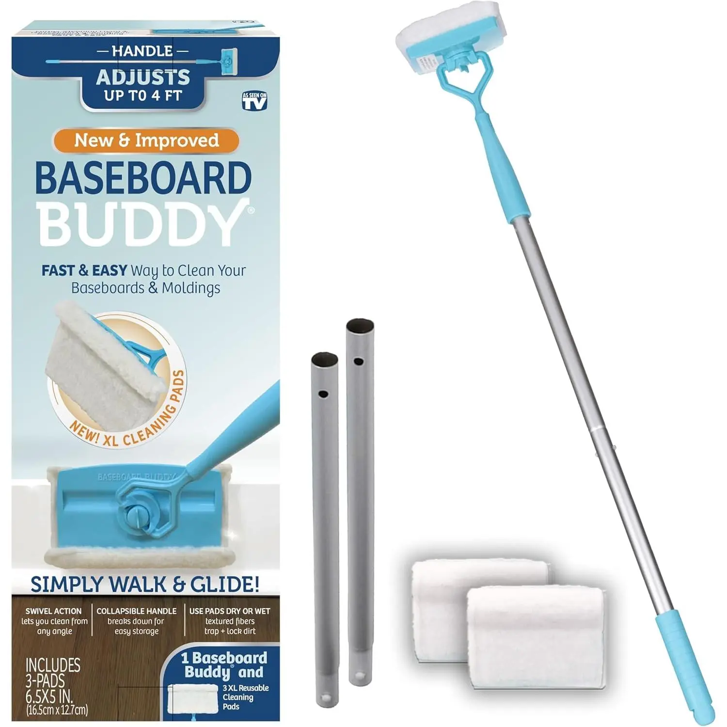 Baseboard Buddy |     Lightweight Home Cleaning Essential, Perfect for Baseboards, Moldings & Walls, Glide & Wipe Trapping & Locking Dirt & Dust |     As Seen on TV, (1 Baseboard Buddy & 3 Reusable Pads)