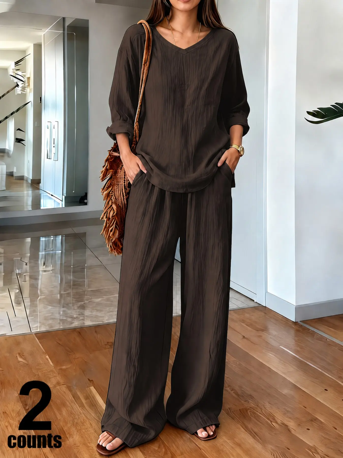 Women's Spring Fall Casual Set, Linen-Style Plain V Neck Long Sleeve, Daily Commute Vacation Home Office, Trendy Fashion Streetwear