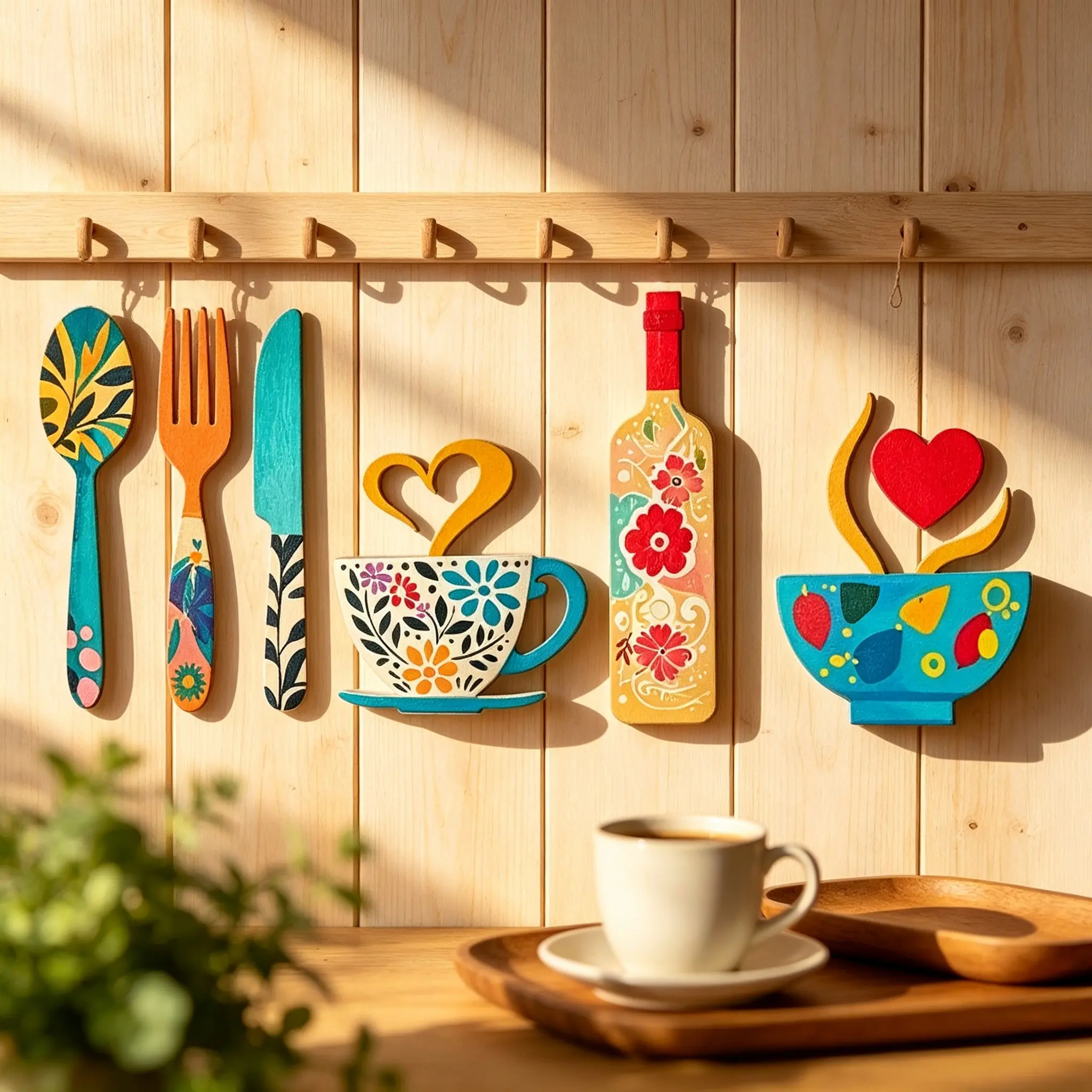 8-Piece Funny Wooden Wall Decor Set, Fork, Coffee Cup & Wine Glass Designs, Indoor Wall Art for Kitchen, Café, Bar & Holiday