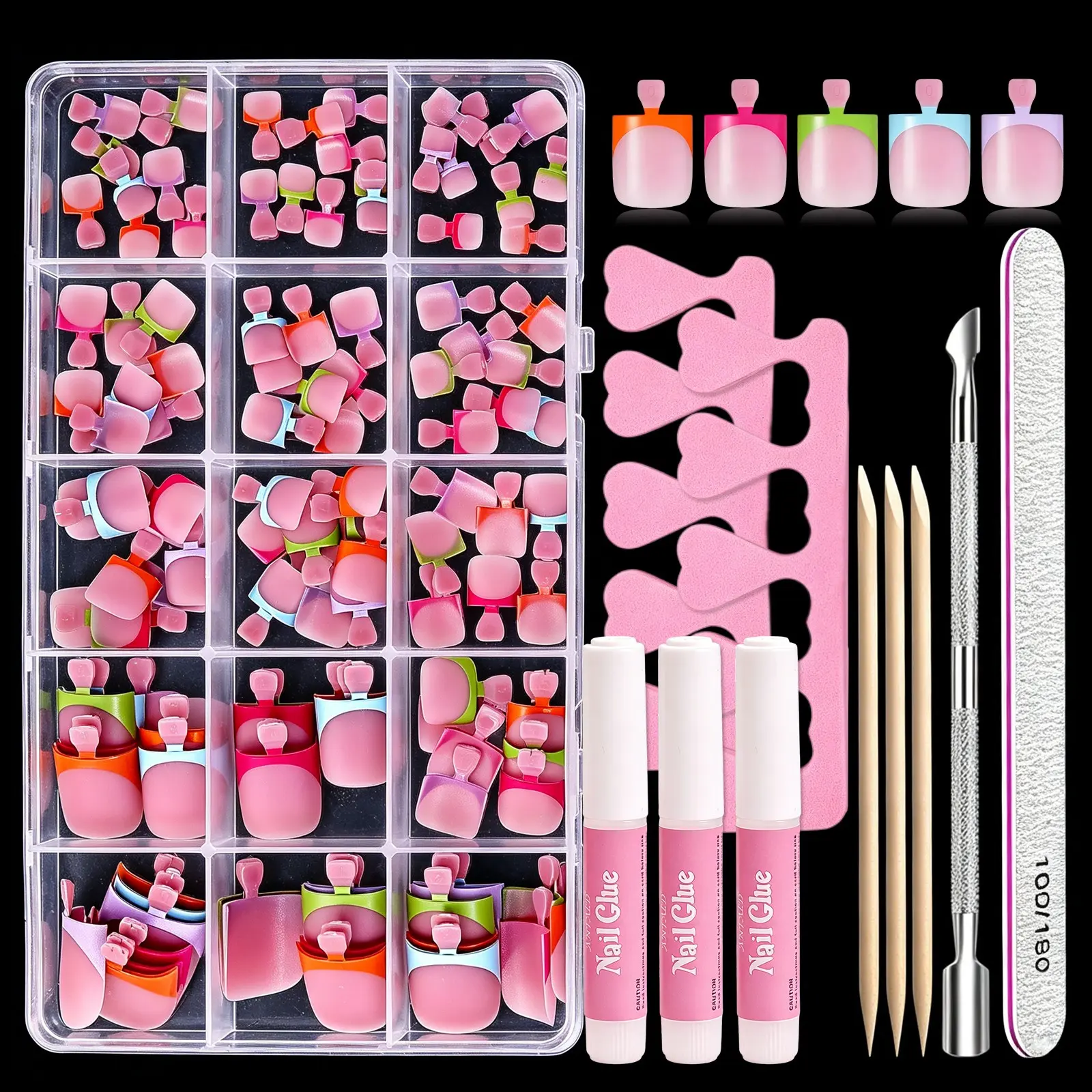Press on Toenails for Women Multicolored Nail, 150pcs Multi Color Full Cover Toe Nail Press on Toenail Kit, Nail Art Supply, Toe Nail Tips Square, Fake Toe Nails Glue on Toe, Cuticle Pusher, Orange Wood Sticks ,False Toenails for DIY Nail Art