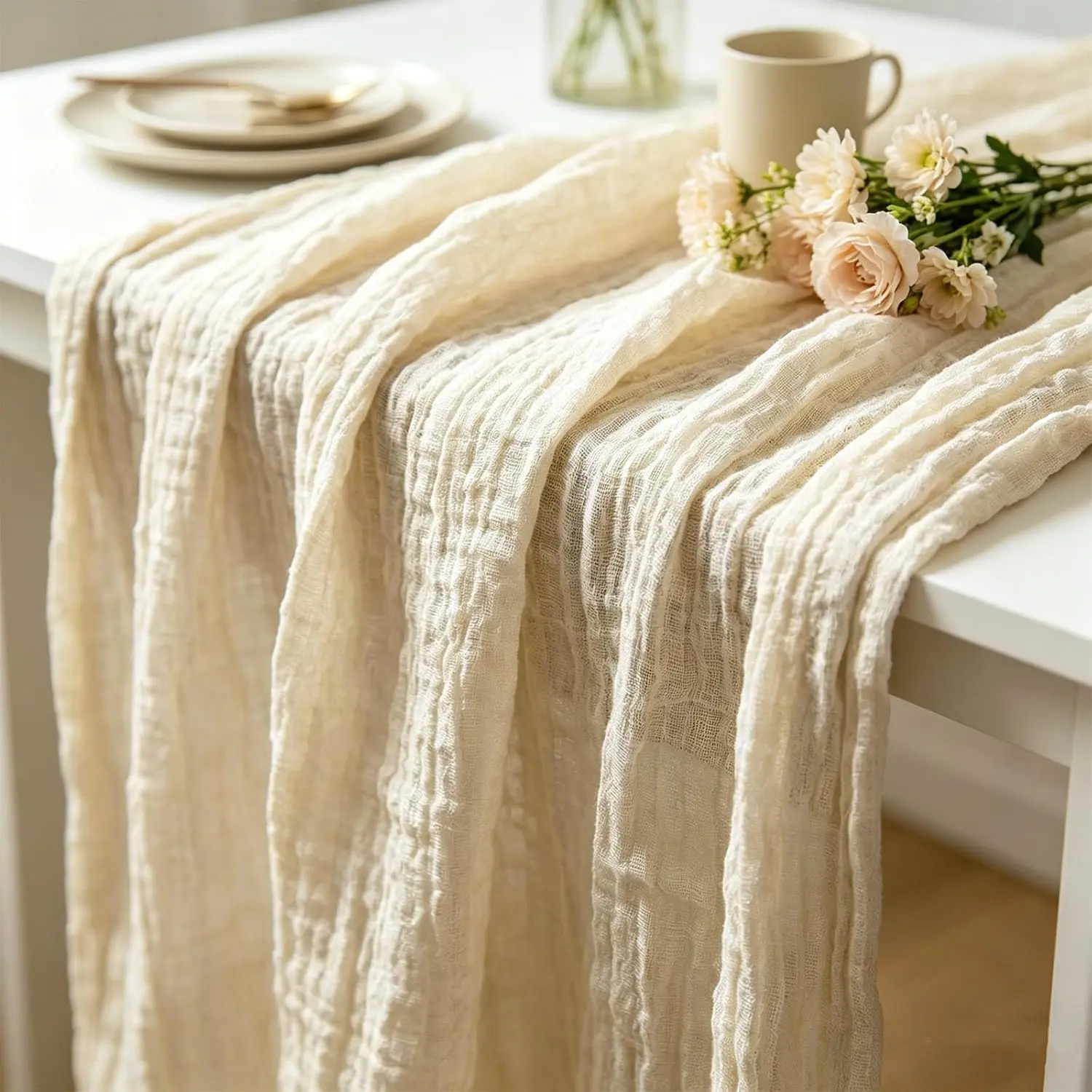 Boho Cheesecloth Table Runner, 35x120 Inch Rustic Gauze Table Decor 10FT Cheese Cloth Runners Semi Sheer Holiday Table Decorations for Valentine's Day Wedding Birthday Party  Shower(Beige, 1 count)