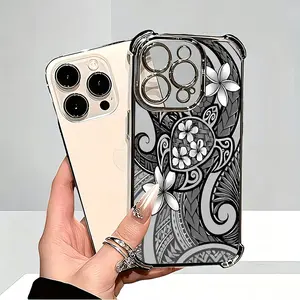 Polynesian Tribal Turtle Plumeria Flower Phone Case，Black White Traditional Swirl Tattoo Style for iPhone 17 16 15 14 13 12 11 Plus Pro Max, Island Culture Gift