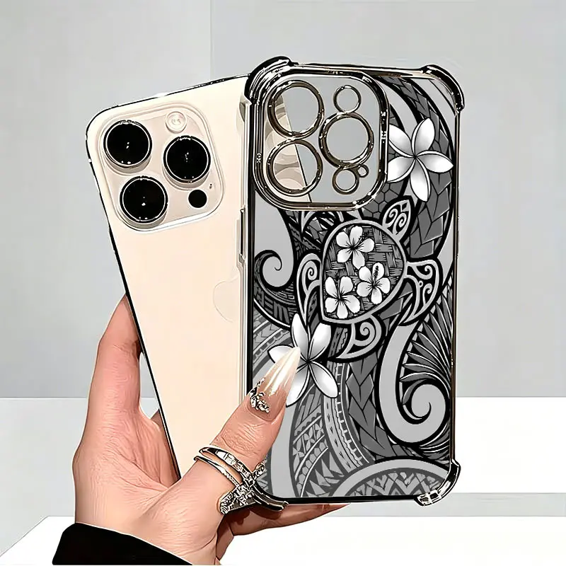 Polynesian Tribal Turtle Plumeria Flower Phone Case，Black White Traditional Swirl Tattoo Style for iPhone 17 16 15 14 13 12 11 Plus Pro Max, Island Culture Gift
