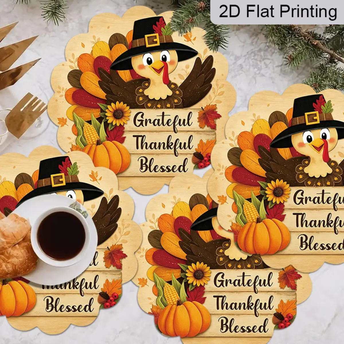 2D Flat Thanksgiving Placemats, Set of 4, Harvest Festival Table Mats with Turkey Pumpkin Maple Leaf Print, Fall Themed Table Decor, Holiday Table Ornaments, Dining Table Mats, Home Holiday Decor, Fall Decor, Holiday Gifts for Family Friends