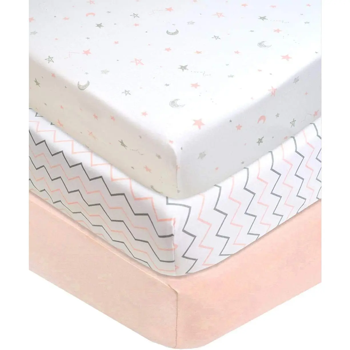 3 Pack 100% Natural Cotton Fitted Crib Sheets 52" x 28" - Soft, Breathable, Hypoallergenic & Gentle Toddler Bed Sheets, Blush Pink Star/Zigzag, Neutral for Boys & Girls