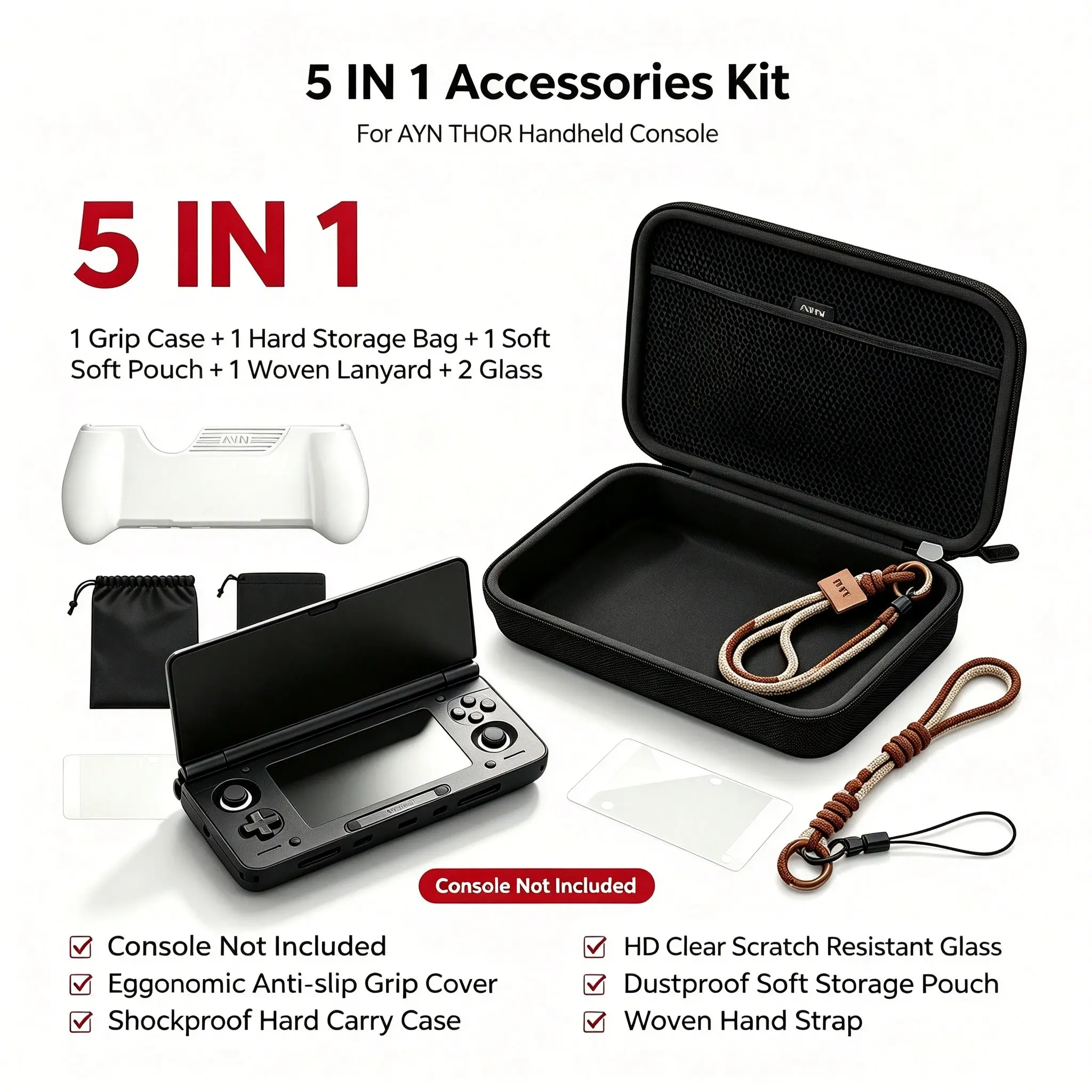 Thor Foldable Handheld Game Console Accessories Set, Tpu Grip, Tempered Screen Protector, Hard Case, Clear Shell, Lanyard, Storage Bag