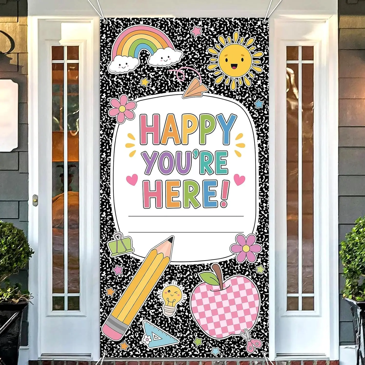Composition Notebook Door Cover 3 x 6 FT, Back to School Door Decorations Happy You Are Here Hanging Banner Classroom Welcome Door Decor for First Day of School Indoor Outdoor School Party Supplies