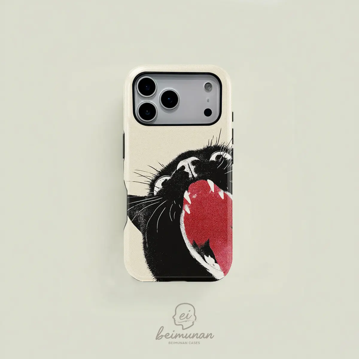 Black and red color-blocked cartoon cat with an open mouth design, a durable 2-in-1 protective case, MagSafe compatible, suitable for iPhone 17/16/15/14/13/12/11 Pro Max/Plus/Pro, simple and stylish phone case, a great holiday gift.