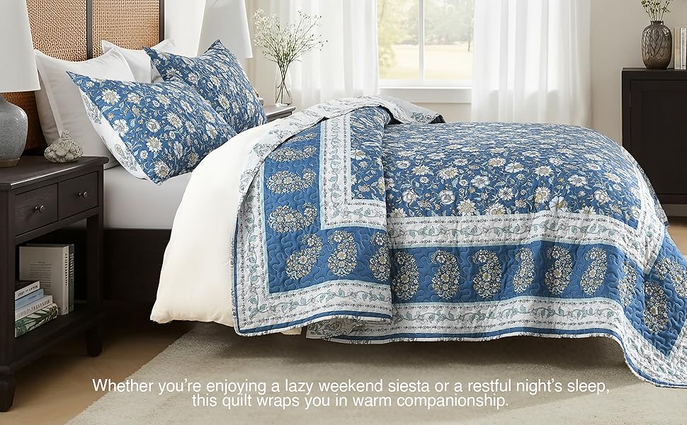 Floral Set Queen Size, Farmhouse Cottage Bedding Set, Blue Vintage Paisley Coverlets, Soft Microfiber Lightweight Reversible Bedspreads for All Season, 3 Pieces
