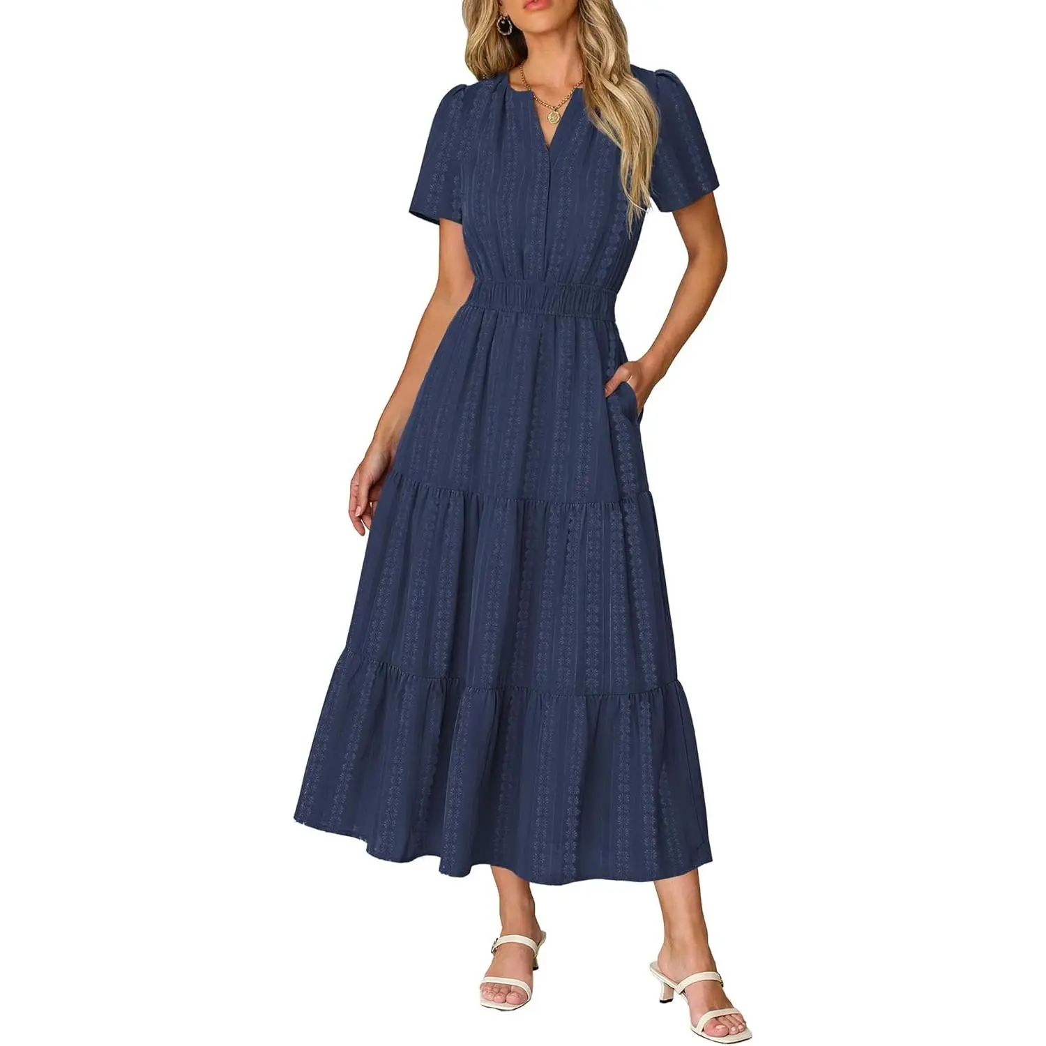 Dresses for Women Summer Midi Maxi Short Sleeve Vacation Dress |   Dress Up or Down, Breathable Summer Dress, A-line, Lightweight, Side Pockets, Elastic Waist, High Waistline, Flowy Fit