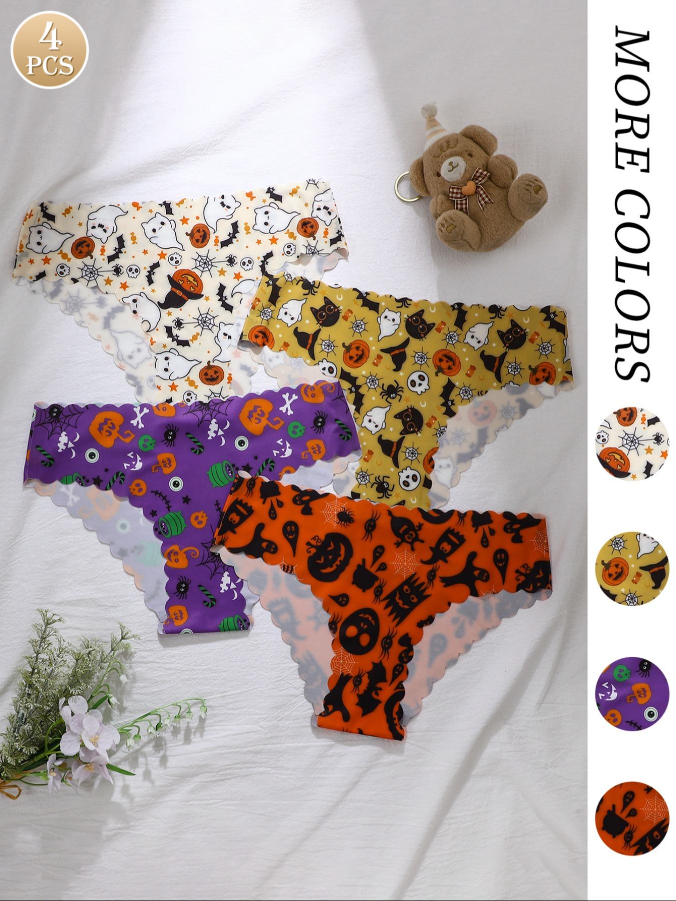 Women's Leopard & Halloween Print Underwear Set, Breathable Seamless Mid-Waist Thong Panties, Casual Fitted All-Seasons Lingerie