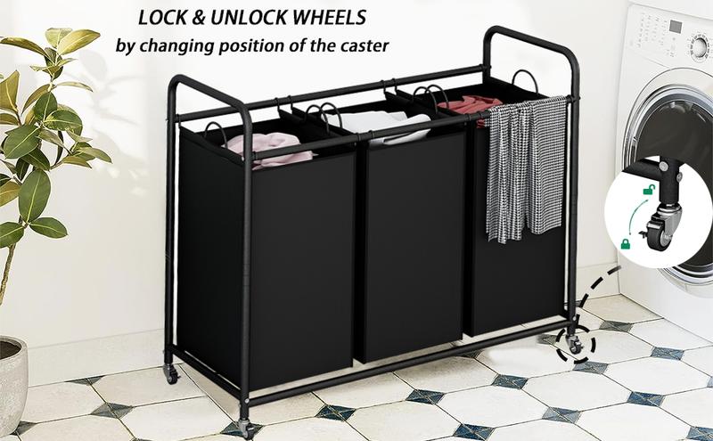 3-Bag Laundry Basket Hamper Laundry Sorter Cart laundry room organization with Heavy Duty Rolling Lockable Wheels and Removable Bags【A001】 Deals For You Days