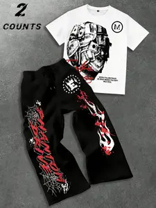 Men’s Crackle Print Letter Short Sleeve & Wide-Leg Pants 2-Piece Outfit, Soft Breathable Oversized Streetwear Matching Set for Daily, School, Commute & Couple Casual Wear