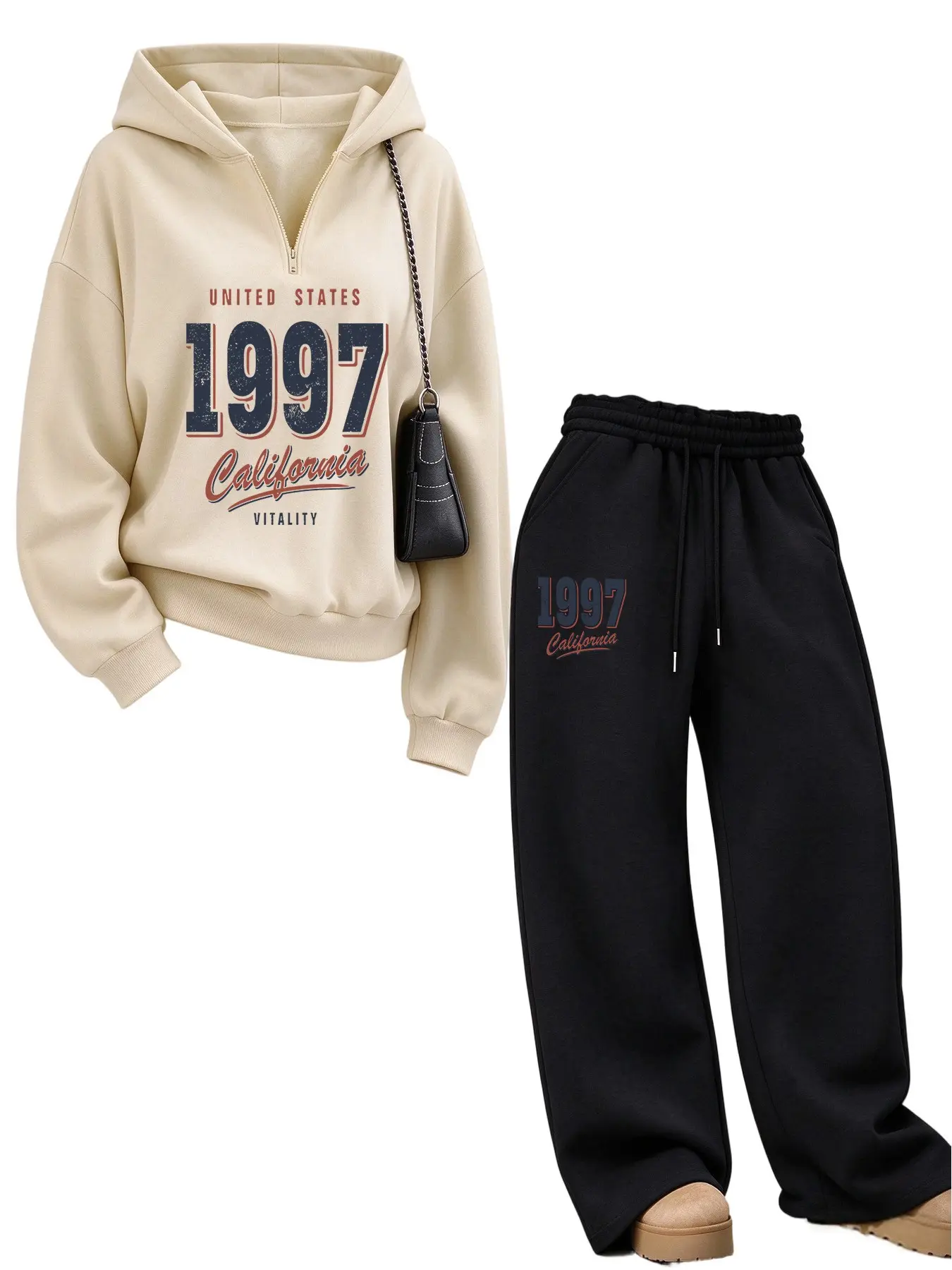 Women's Half-Zip Hoodie + Drawstring Wide Leg Pants Set, California Letter Print, Casual Comfort, Spring Fall Wear, Daily