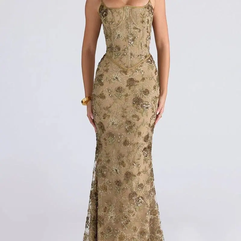 Ladies Sling Dress Floral Pattern Backless Lace Up Design Low Neckline Sleeveless High Waist Slim Fit Elegant Sexy Long Dresses
