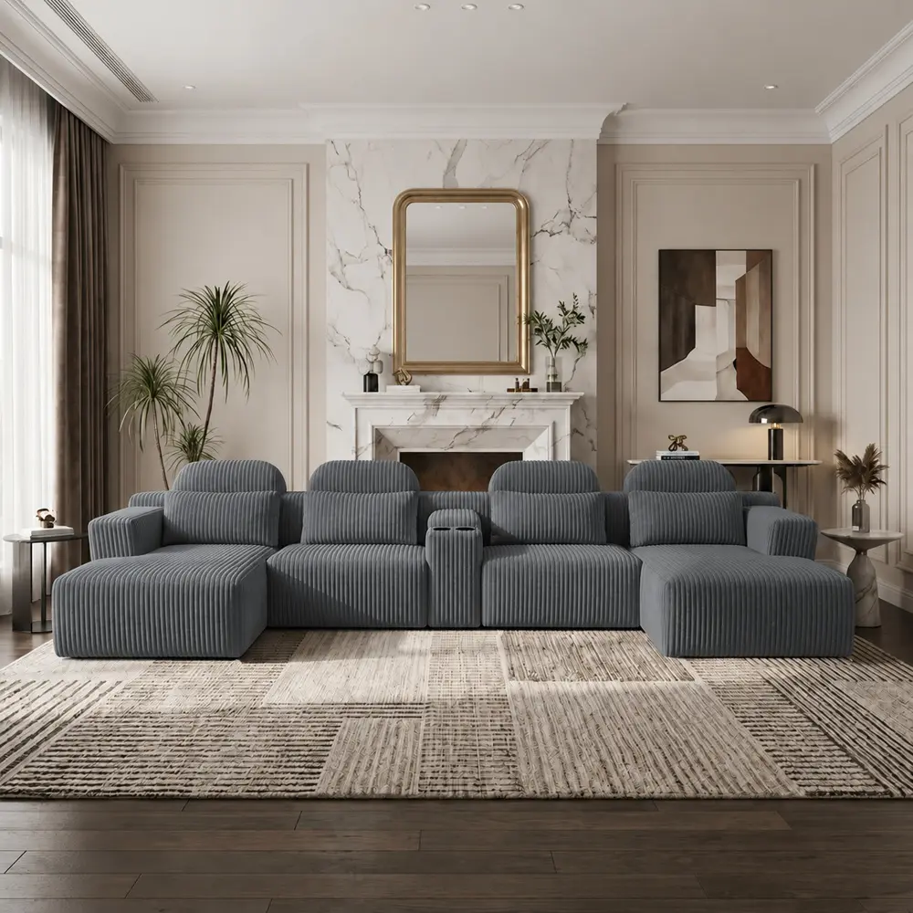145.7 Inch Oversized U Shaped Sectional Sofa, 6 Seater Modular Couch with Lounge Chaise, Dark Grey Corduroy Upholstered Sofa with Cup Holders, Comfy Deep Seat Compression Sofa, Luxury Living Room Furniture for Home Theater, Tool Free Assembly