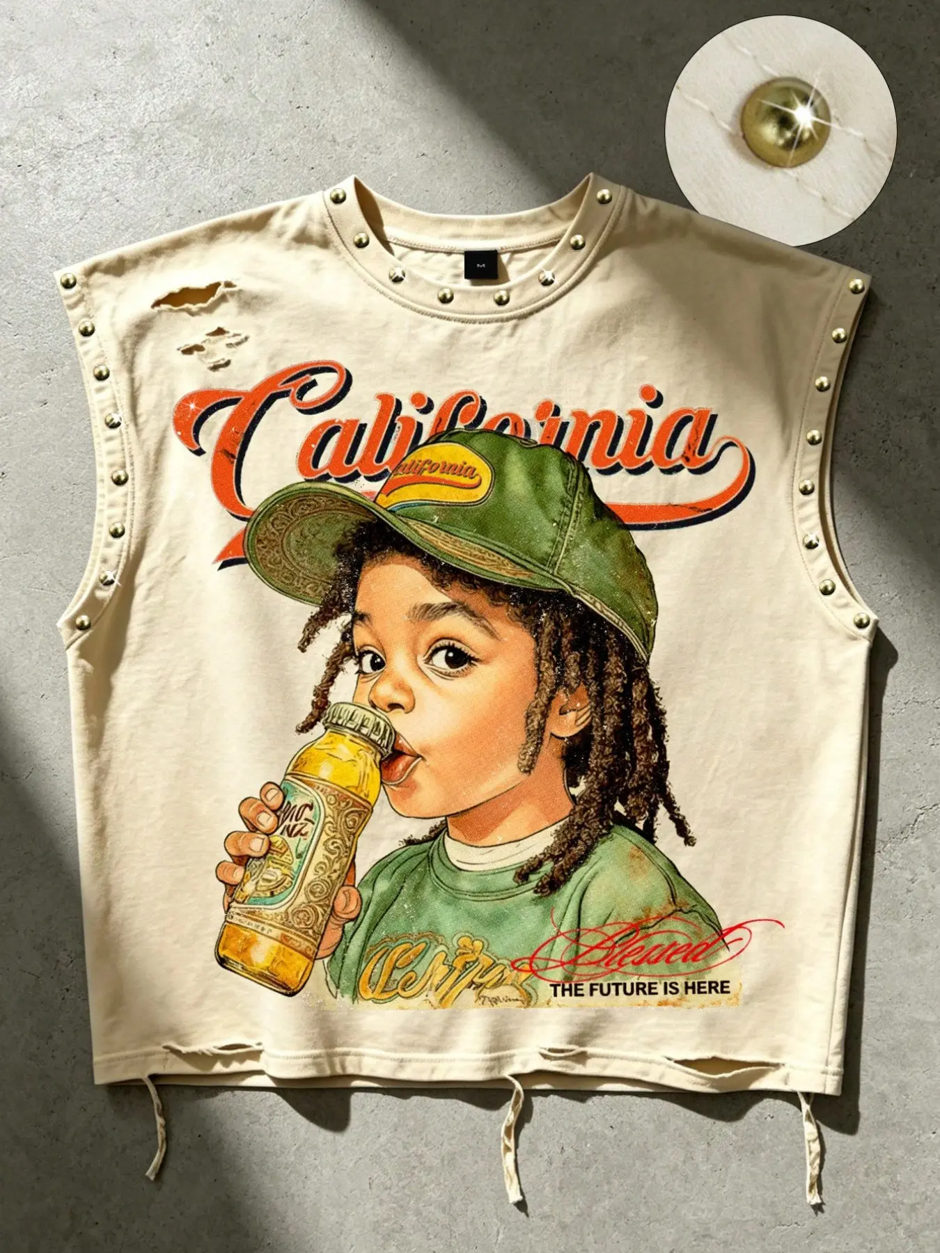 CALIFORNIA children's cotton vest men's and women's same style short version Cropped loose hole metal beads cartoon portrait retro style California men's vest street fashion brand hip-hop men's vest Y2K