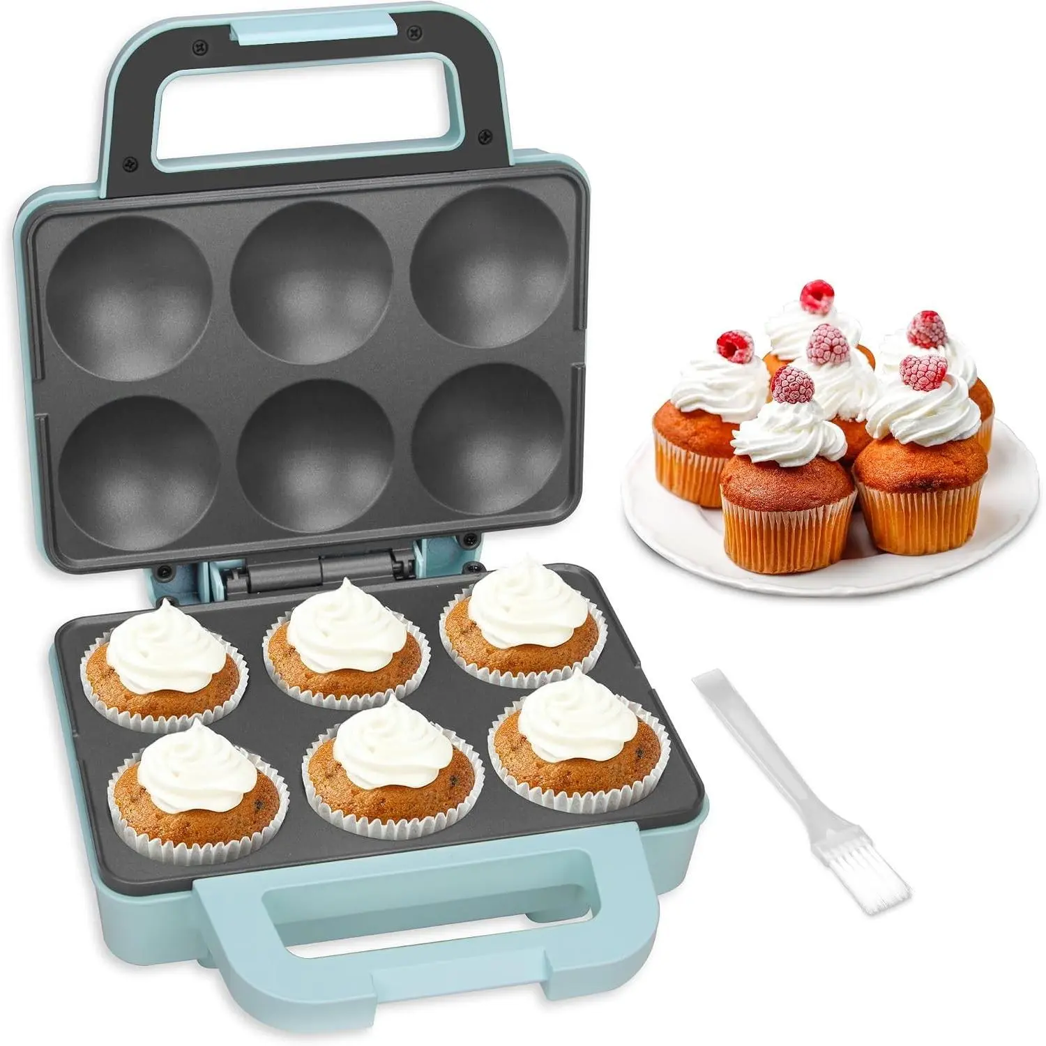 6-Count Cupcake Maker Machine, Bakes 6 X 2.5 Inch Cupcakes, Muffins, Pizza Cups, Cinnamon Buns, Cool-touch Handle, Non-stick Coating, Recipe Included, Aqua